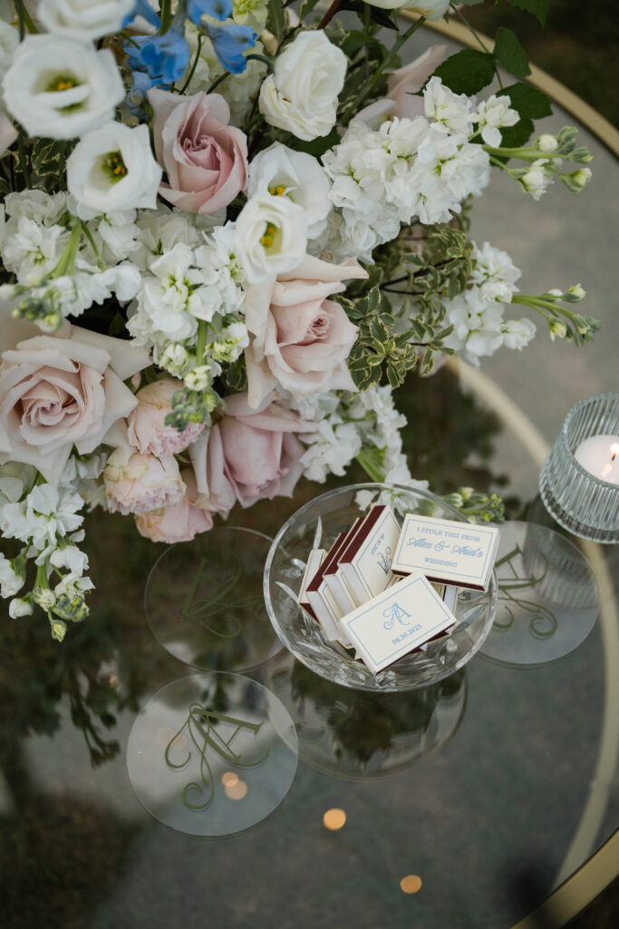 Bride and groom’s personalized details and garden party reception setup at Knox Farm wedding