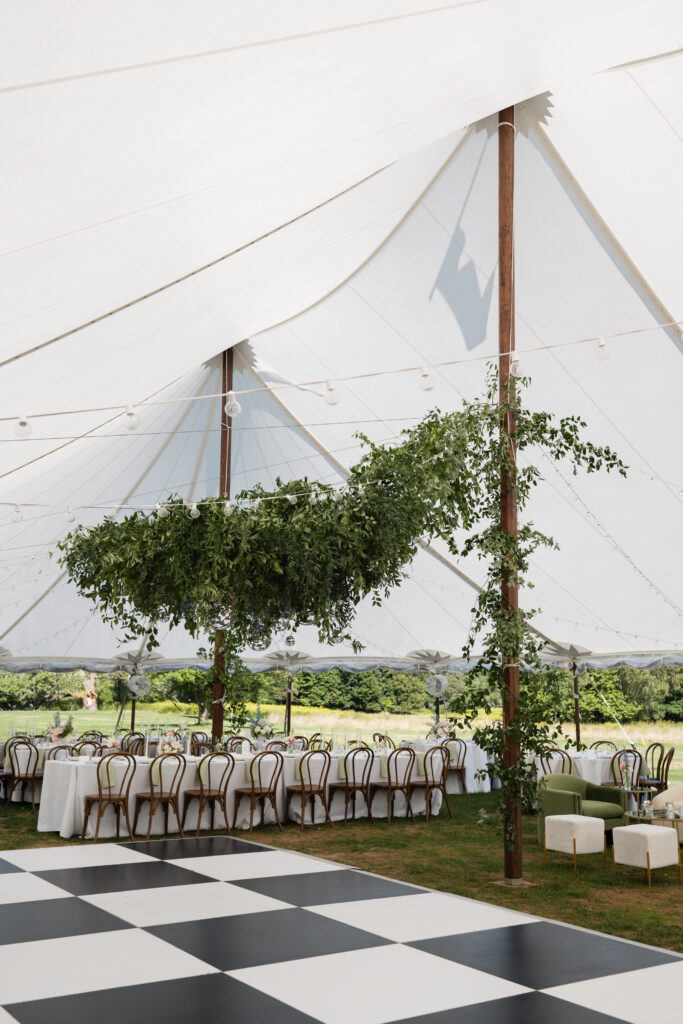 Sailcloth tent reception at The Mansion at Knox Farm with elegant garden party details