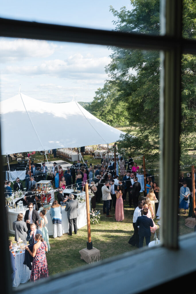 Aerial view over looking cocktail hour at the mansion at knox farm