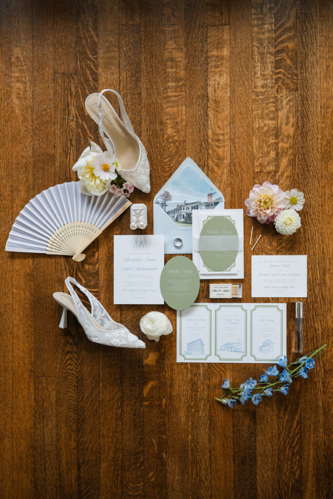Bride and groom’s personalized details and garden party reception setup at Knox Farm wedding