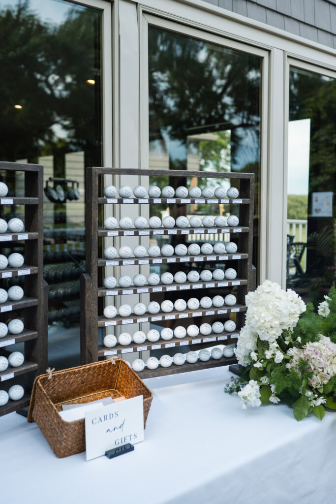 Golf-inspired wedding details with personalized golf balls
