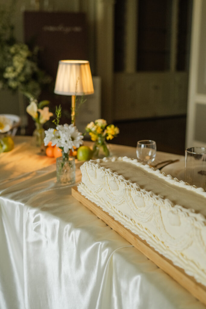 long table wedding cake to share with bridal party