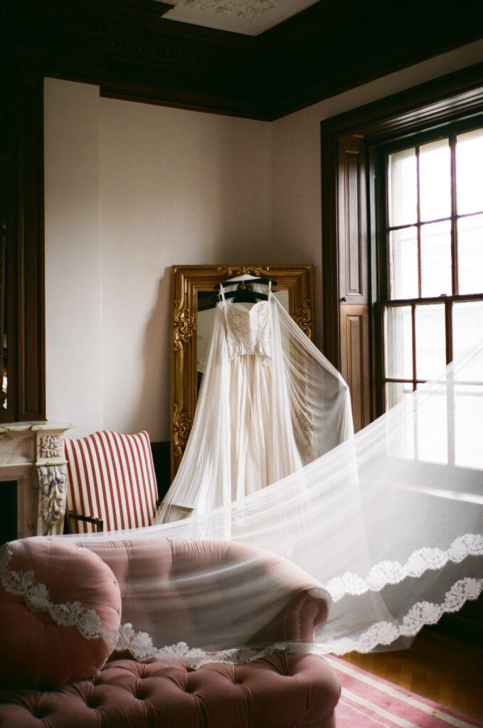 medium format wedding photography bridal details dress hanging